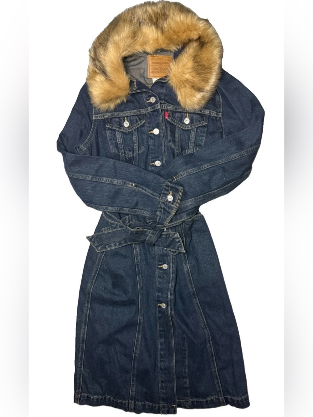 Levis Mob Wife Belted Denim Coat Faux Fur Collar Long Trucker Jacket Dress Sz XS